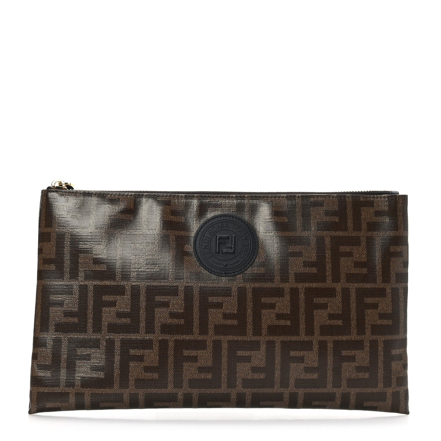 Glazed Fabric Vitello Century FF 1974 Stamp Patch Small FFreedom Flat Pouch Mogano Panna Black
