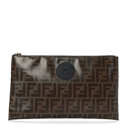 Fendi Glazed Fabric Vitello Century FF 1974 Stamp Patch Small FFreedom Flat Pouch Mogano Panna Black 1 of 7
