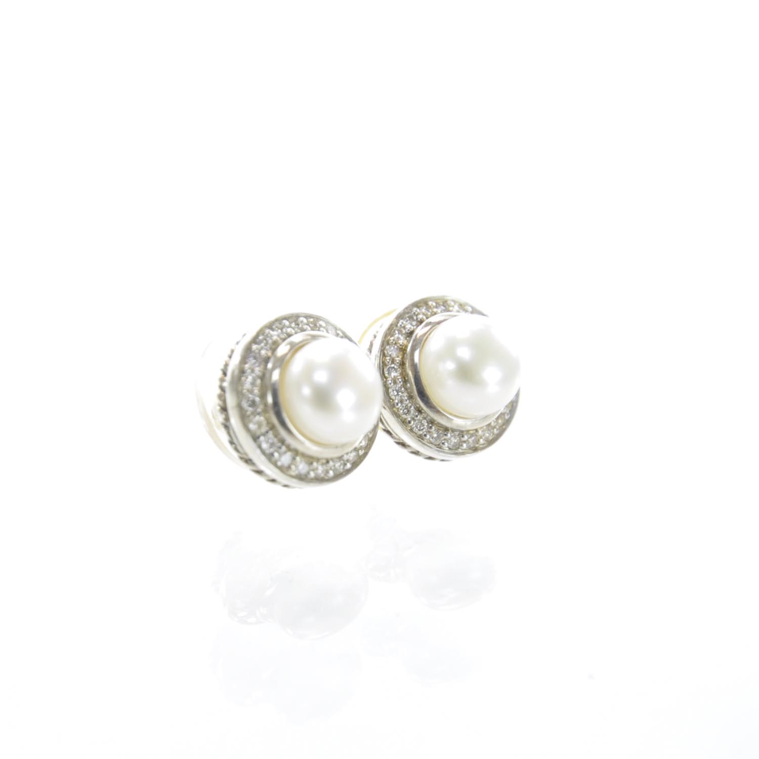 David Yurman Sterling Silver Diamond Pearl Petite Albion Earrings 4 of 5