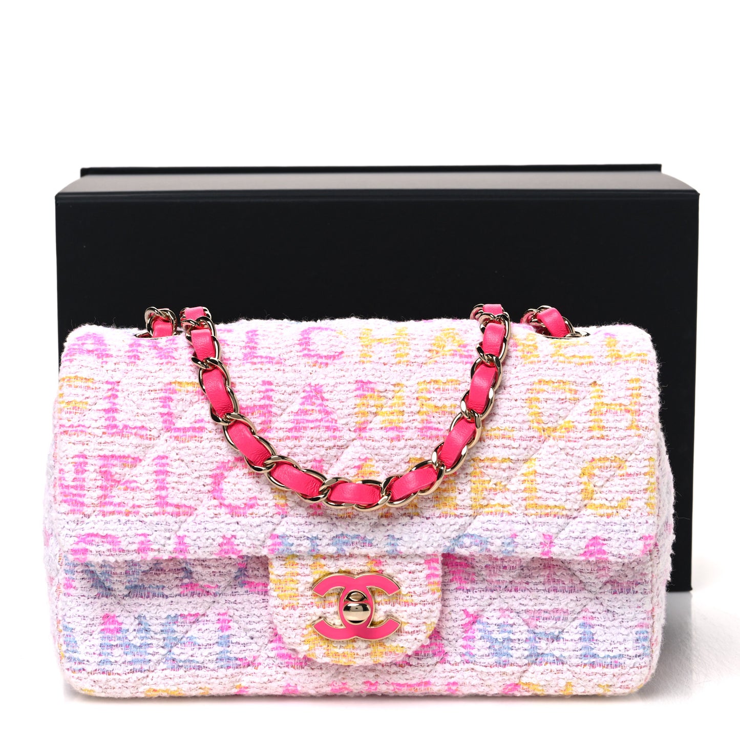 Tweed Quilted Enamel CC Logo Mini Rectangular Flap Pink Multicolor