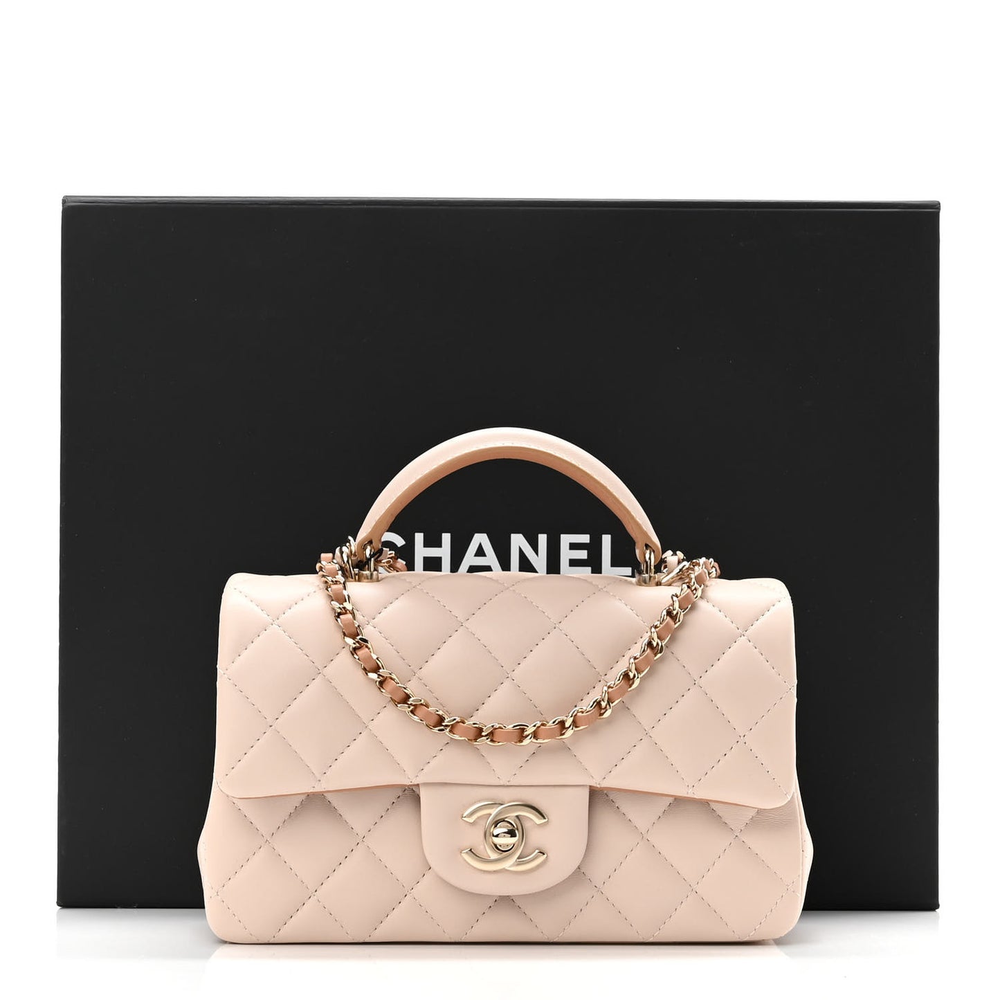 Lambskin Quilted Bi-Color Mini Top Handle Rectangular Flap Ecru Dark Beige