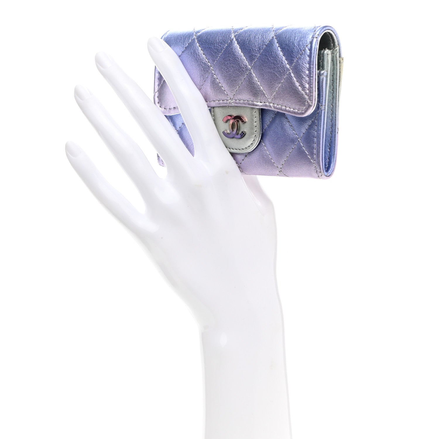 Chanel Gradient Metallic Calfskin Quilted Flap Card Holder Wallet Silver Blue Yellow Purple 2 of 9