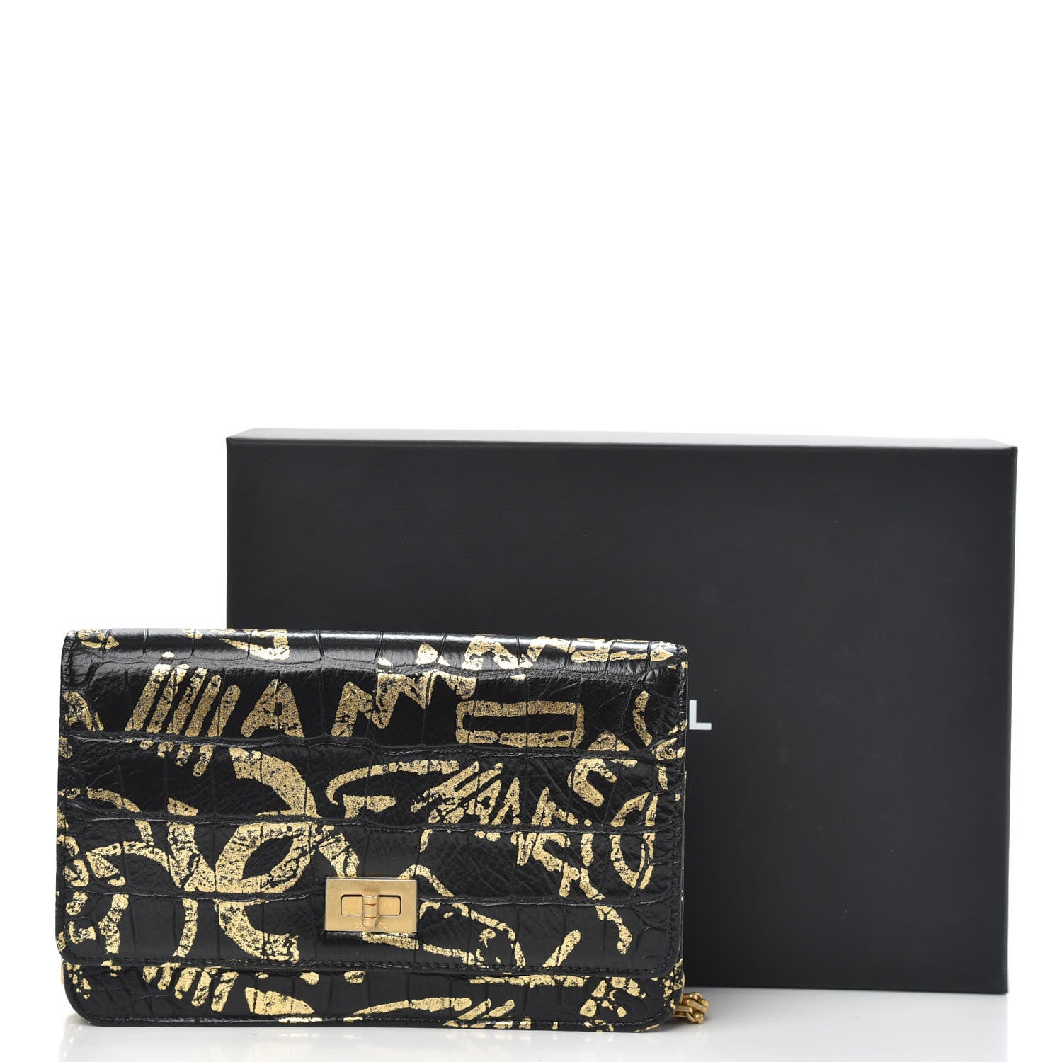 Chanel Calfskin Crocodile Embossed Graffiti 2.55 Cocodile Reissue Wallet On Chain WOC Black Gold 11 of 12