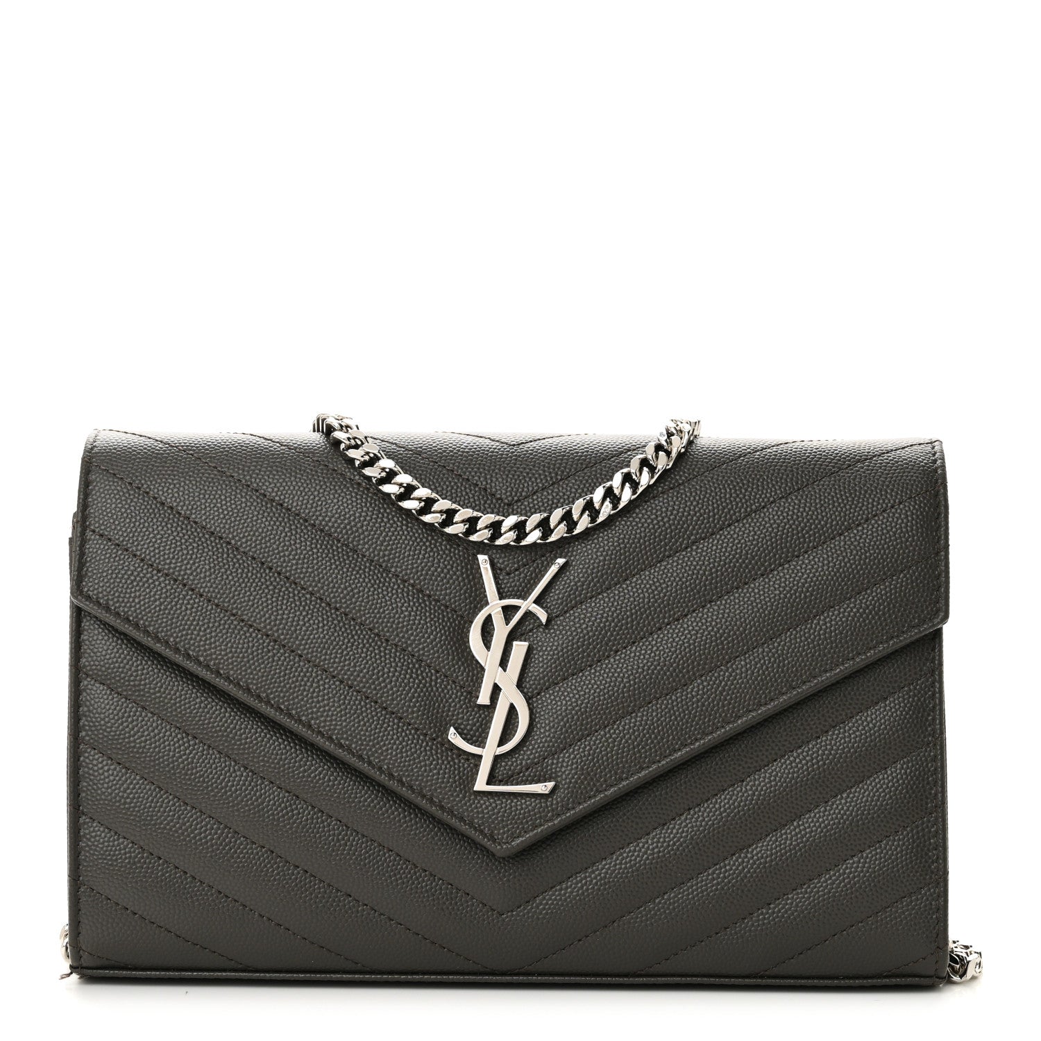 Saint Laurent Grain De Poudre Matelasse Chevron Monogram Chain Wallet Fog 1 of 10