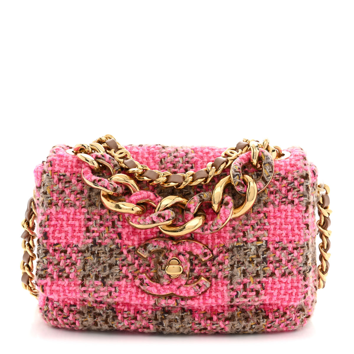 Chanel Wool Tweed Quilted Small Elegant Chain Flap Pink Brown 1 of 11