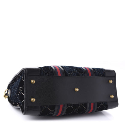 Gucci Velvet GG Monogram Textured Calfskin Web Medium Duffle Bag Blue Beige Black 3 of 9