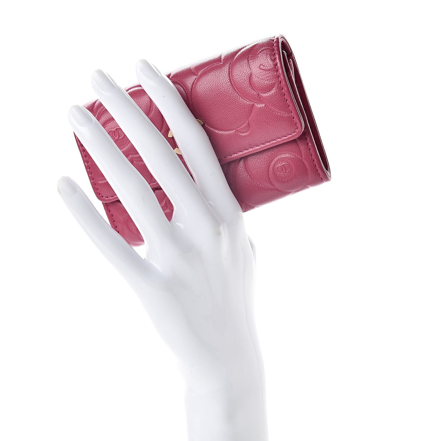 Lambskin Camellia Embossed Flap Card Holder Fuchsia