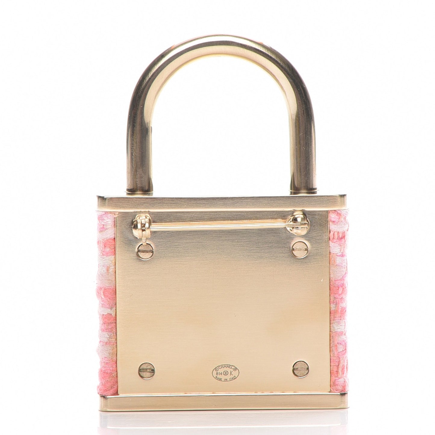 Tweed CC Oversized Padlock Pin Brooch Pink Gold
