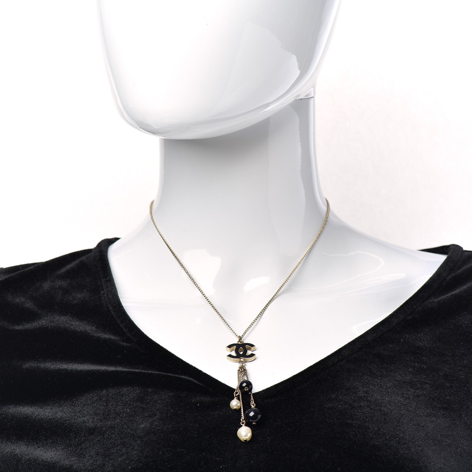 Chanel Enamel Bead Pearl CC Drop Necklace Black Gold 2 of 5