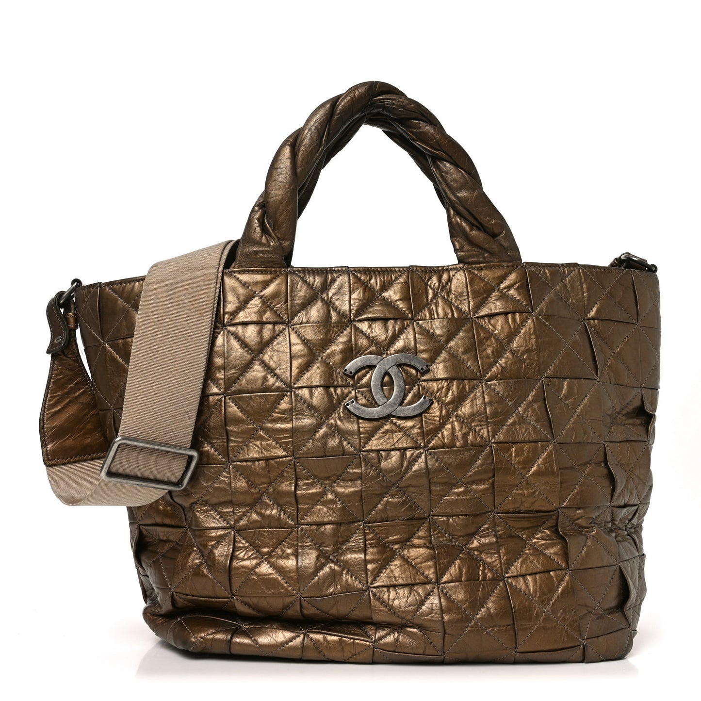 Metallic Aged Calfskin Quilted Origami Tote Bronze