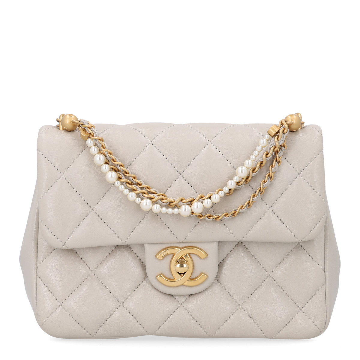Shiny Lambskin Quilted Pearl Twist Mini Square Flap Light Grey