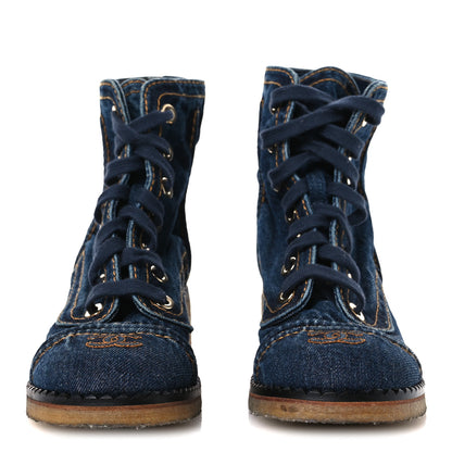 Chanel Denim Lace Up Boots 36.5 Navy Blue 3 of 11