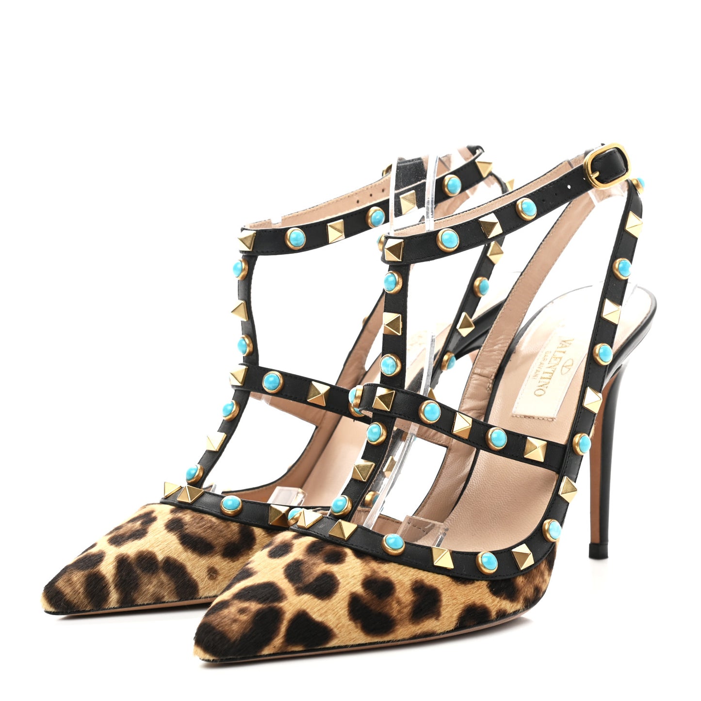 Calf Hair Leopard Print Rockstud Rolling Ankle Strap Pumps 37.5 Champagne Testa di Moro