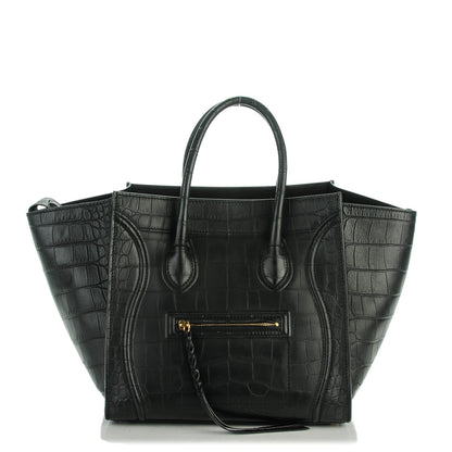 Celine Crocodile Embossed Calfskin Medium Phantom Luggage Black 1 of 8