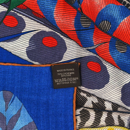 Hermes Cashmere Silk Plumes En Fete Shawl 140 Bleu Roy Jaune Rouge 3 of 3