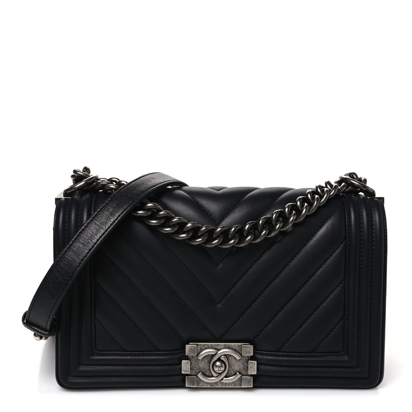 Calfskin Chevron Quilted Medium Boy Flap Black