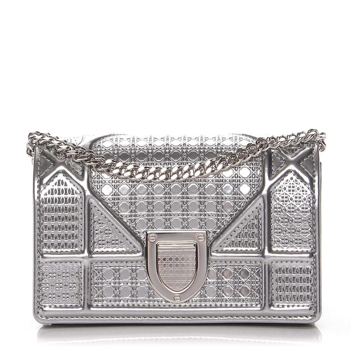 Metallic Patent Micro-Cannage Baby Diorama Flap Bag Silver