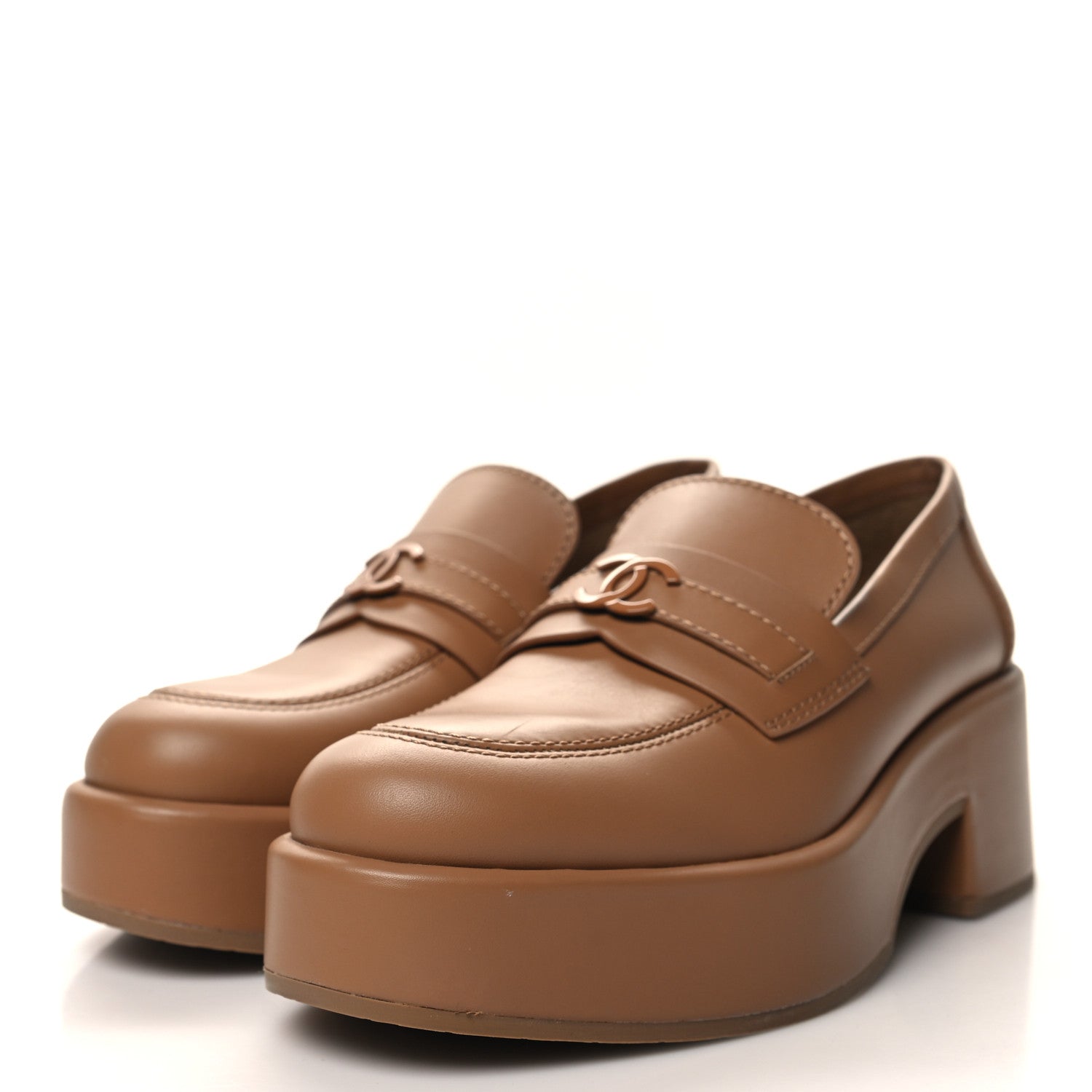 Chanel Calfskin CC Platform Loafers 38 Beige 3 of 9
