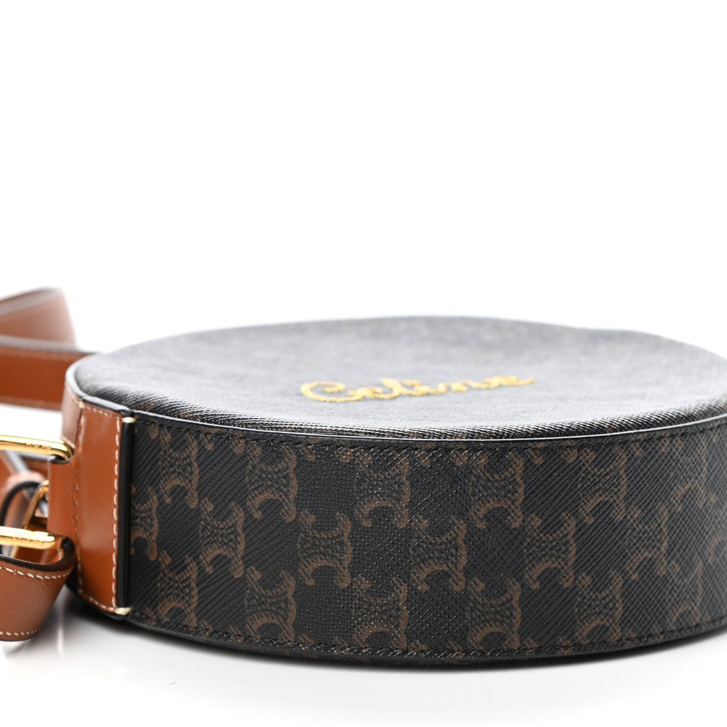 Triomphe Canvas Embroidered Logo Round Purse On Strap Black Tan