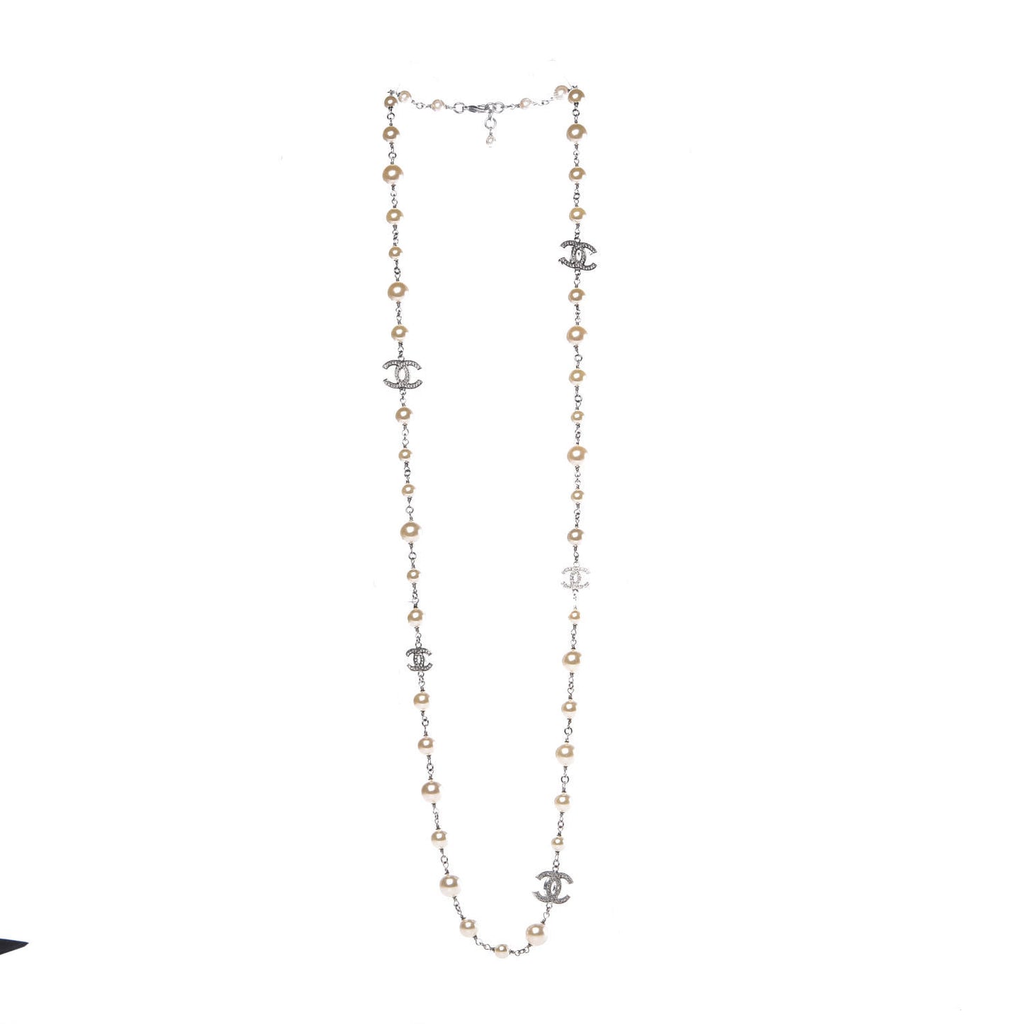 Crystal Pearl CC Long Necklace Silver