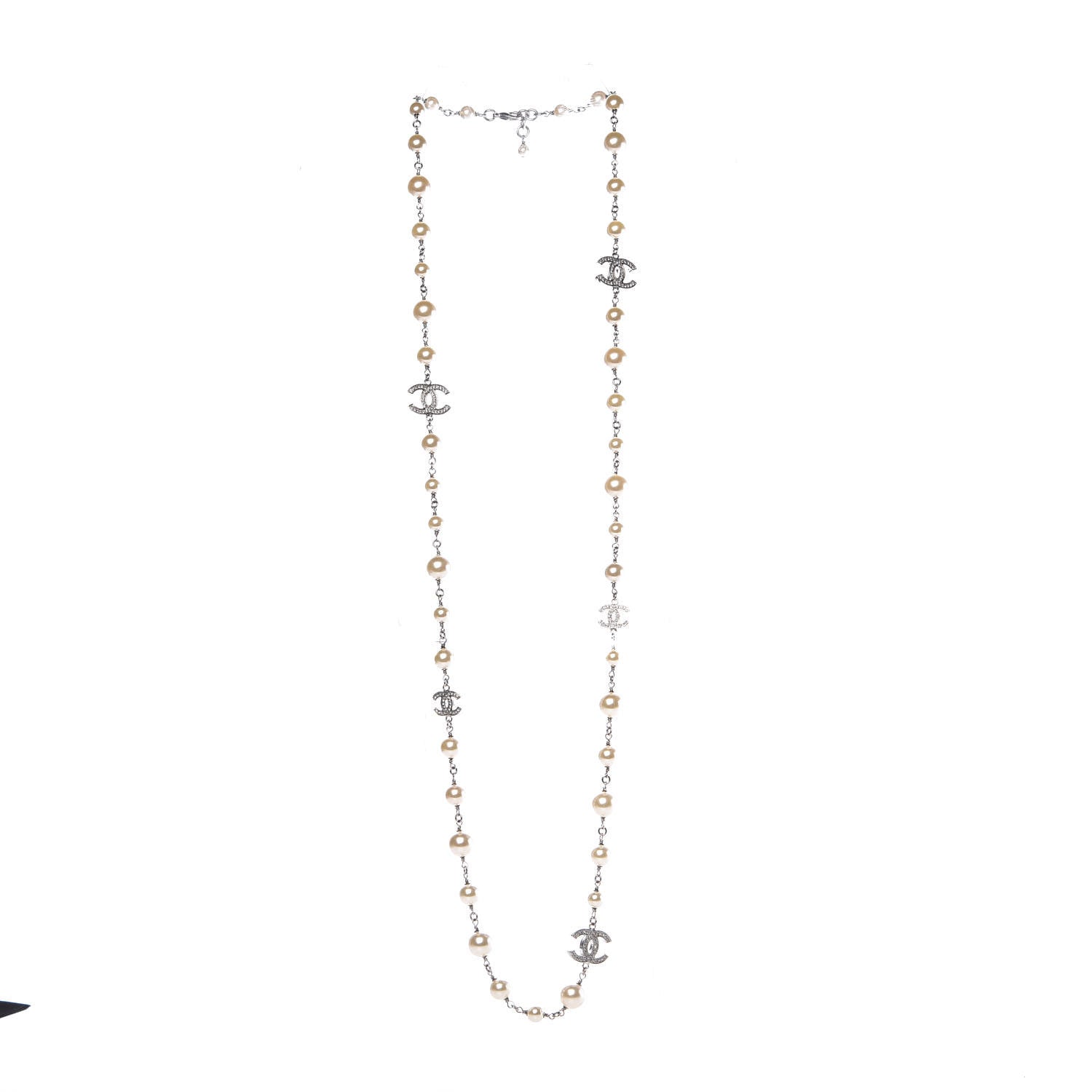 Chanel Crystal Pearl CC Long Necklace Silver 3 of 7