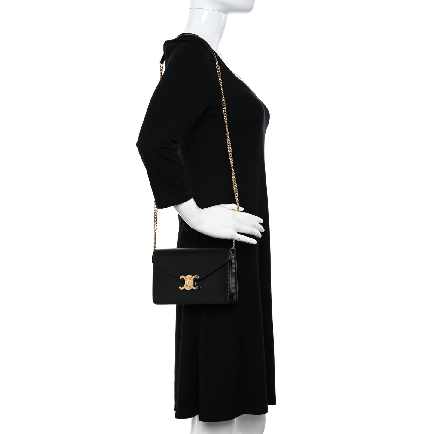 Shiny Calfskin Triomphe Margo Wallet on Chain Black