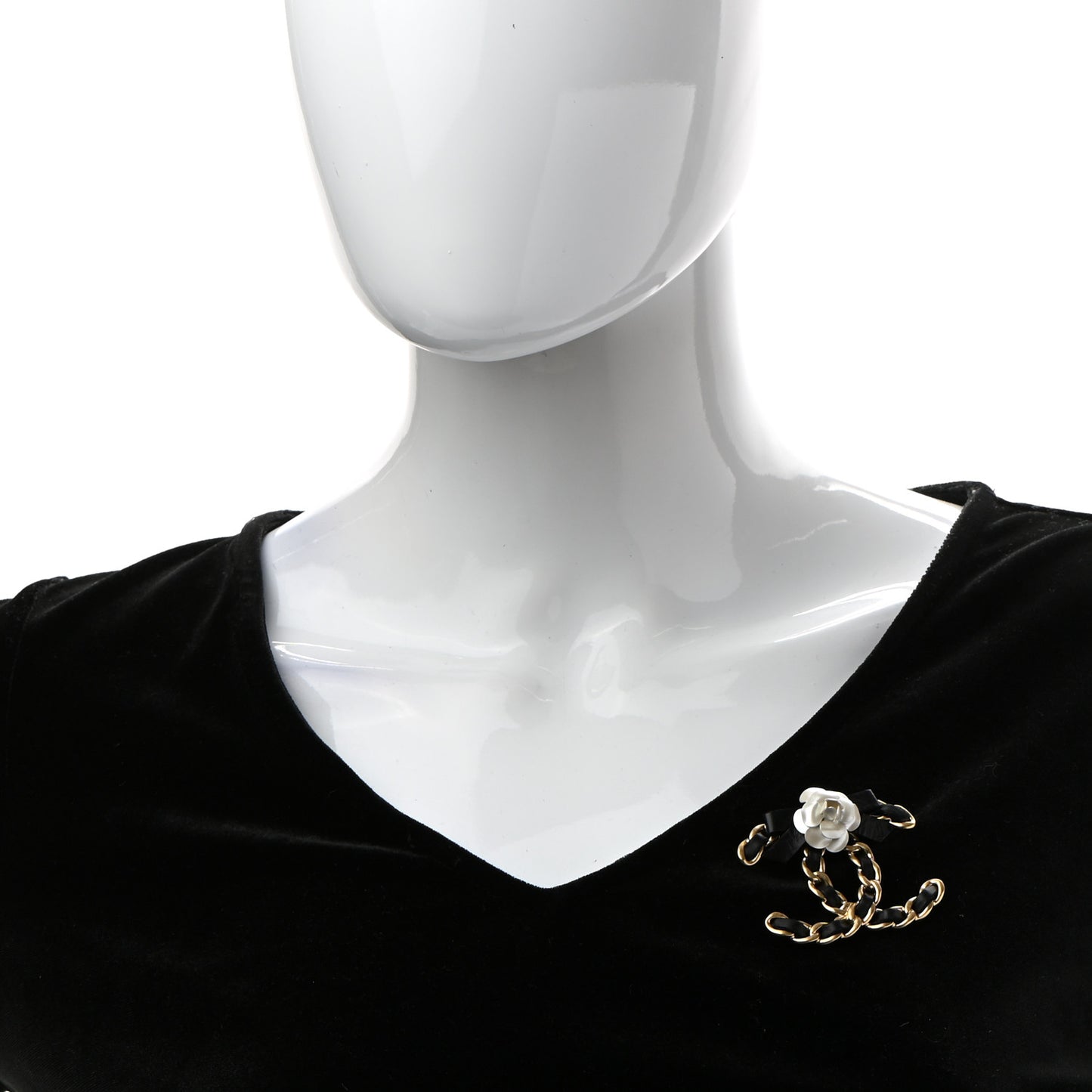 Metal Calfskin Chain 90's Camellia Brooch Black Gold