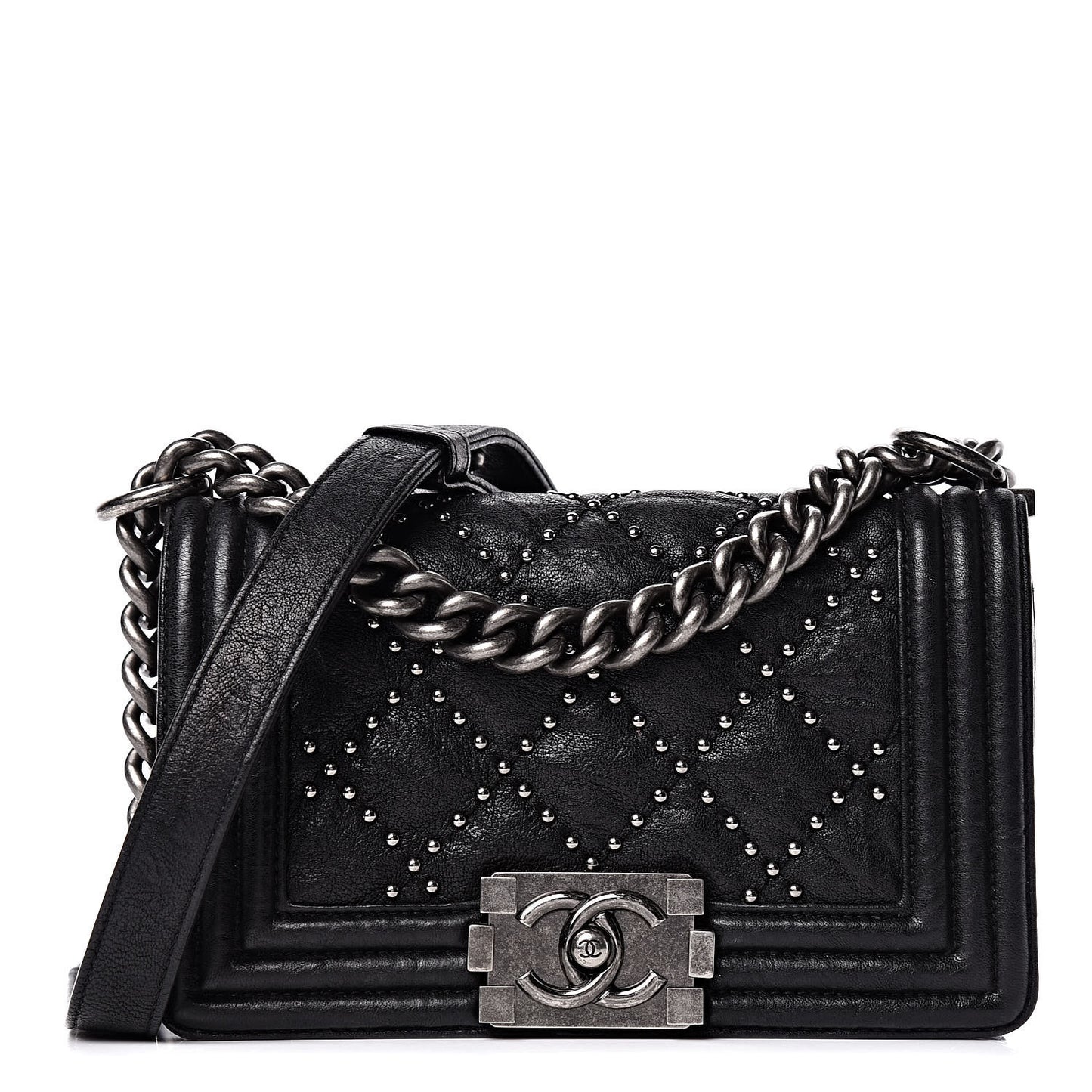 Crumpled Lambskin Small Studded Boy Flap Black