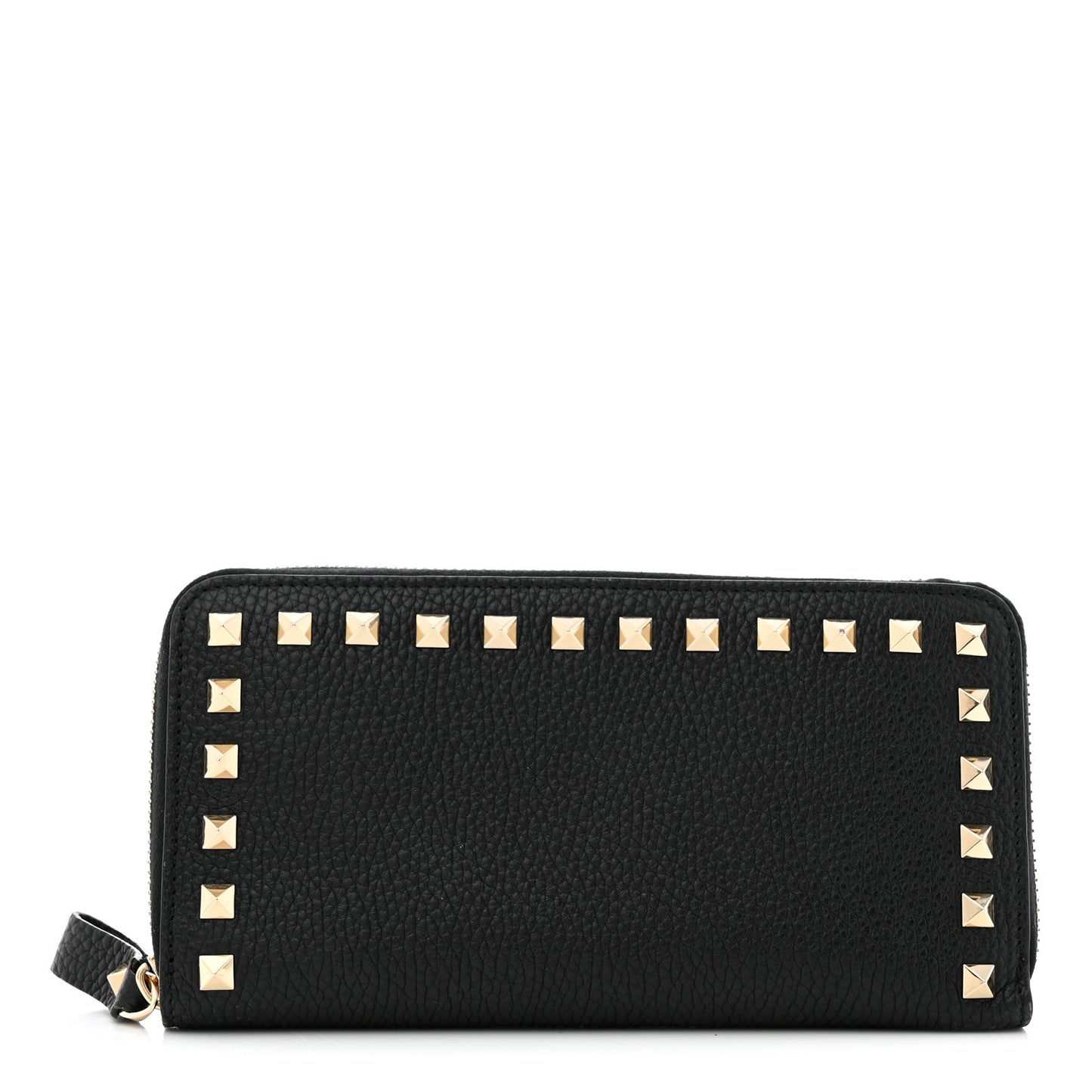 Pebbled Calfskin Rockstud Zip Around Wallet Black