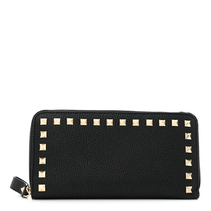 Valentino Garavani Pebbled Calfskin Rockstud Zip Around Wallet Black 1 of 6