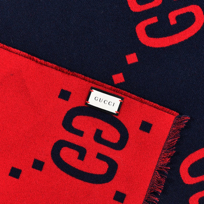 Gucci Wool Silk Monogram Jumbo GG Freedom Scarf Midnight Blue Red 3 of 4