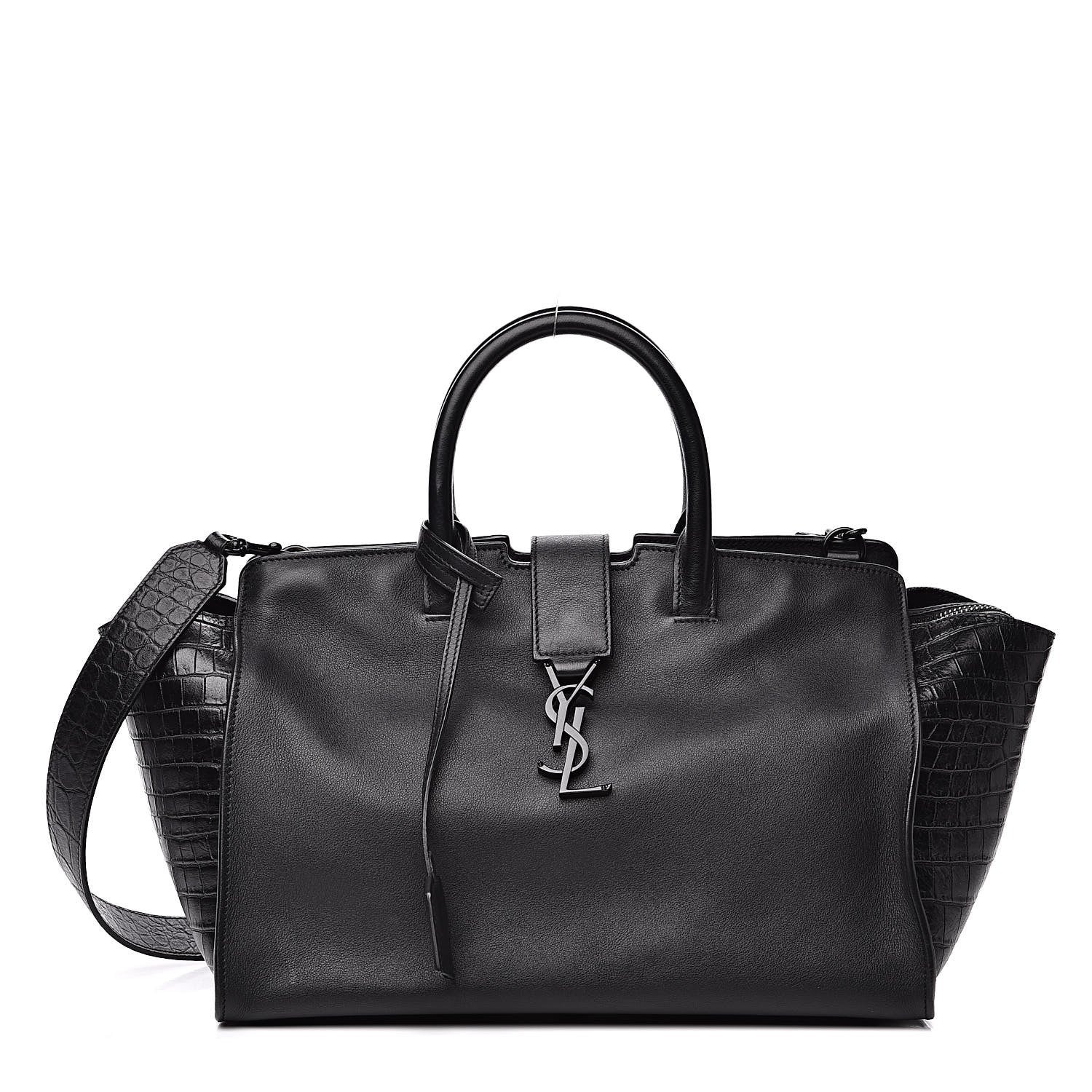 Saint Laurent Smooth Calfskin Crocodile Embossed Small Monogram Downtown Cabas Black 1 of 12