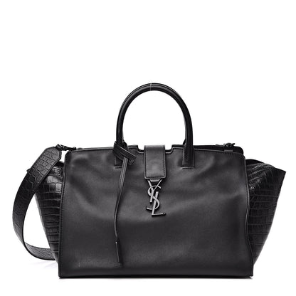 Saint Laurent Smooth Calfskin Crocodile Embossed Small Monogram Downtown Cabas Black 1 of 12
