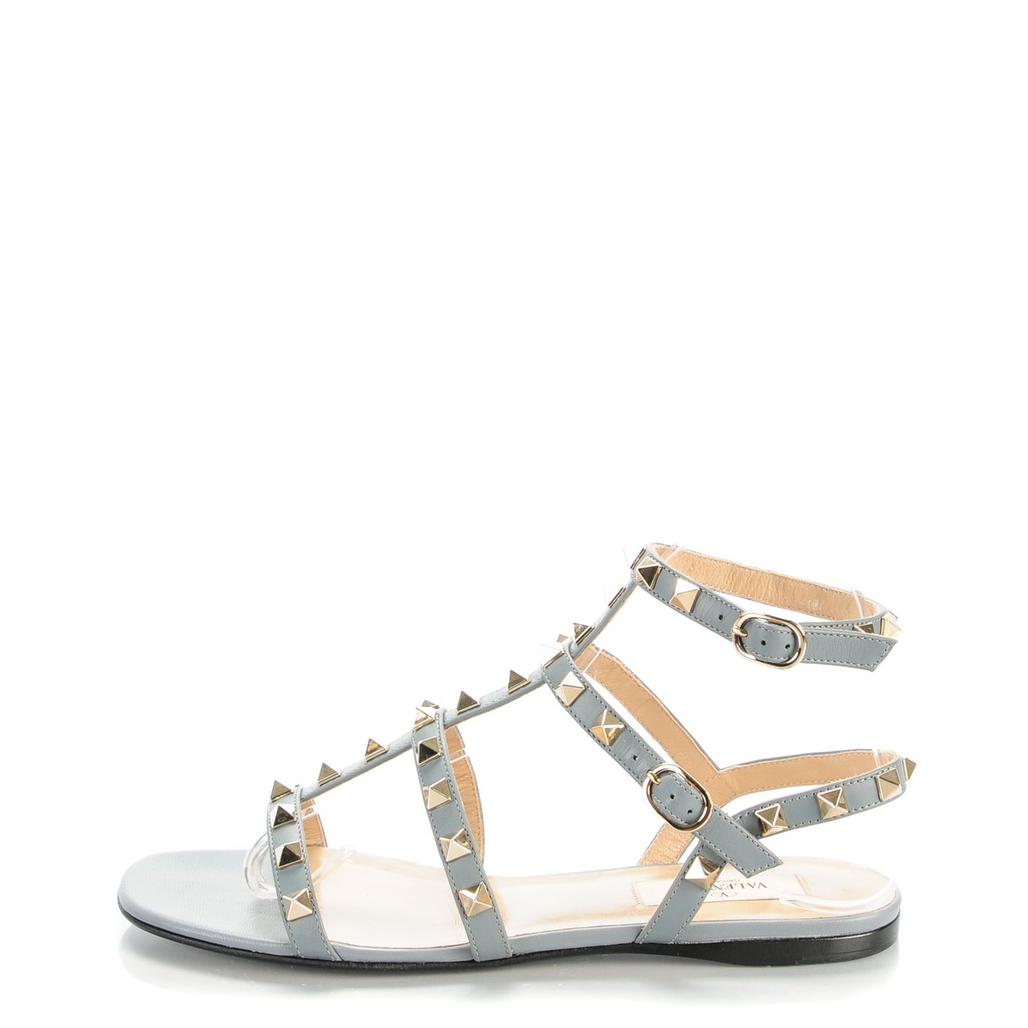 Calfskin Rockstud Gladiator Flat Sandals 36.5 Light Stone