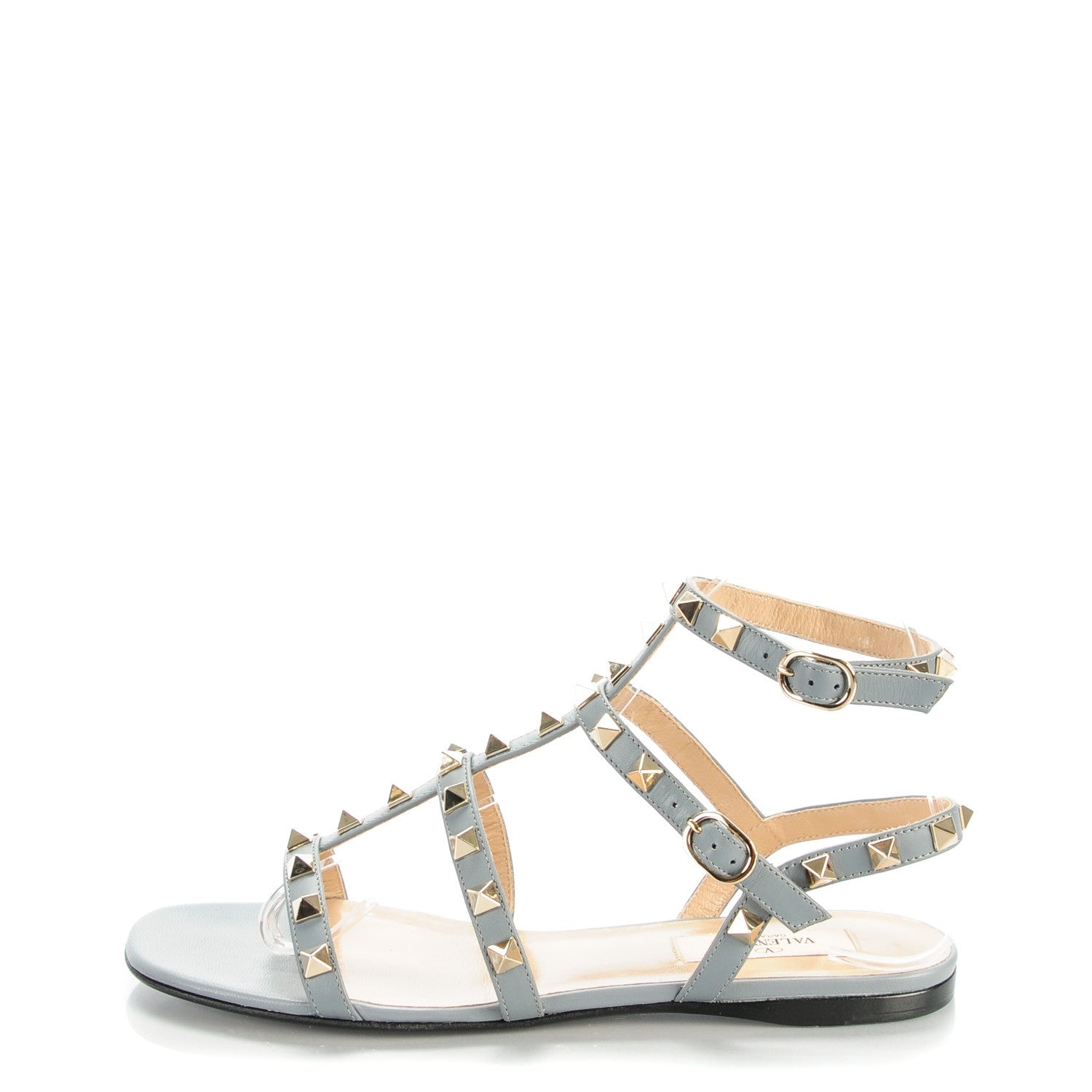 Valentino Garavani Calfskin Rockstud Gladiator Flat Sandals 36.5 Light Stone 1 of 9