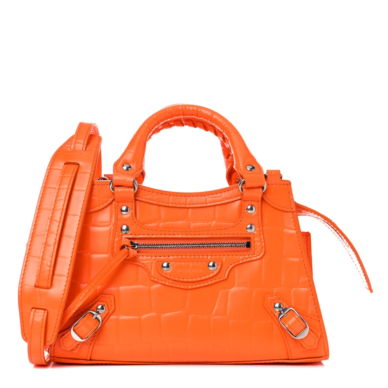 Balenciaga Semi Shiny Calfskin Crocodile Embossed Neo Classic Silver Hardware Mini City Orange 1 of 9