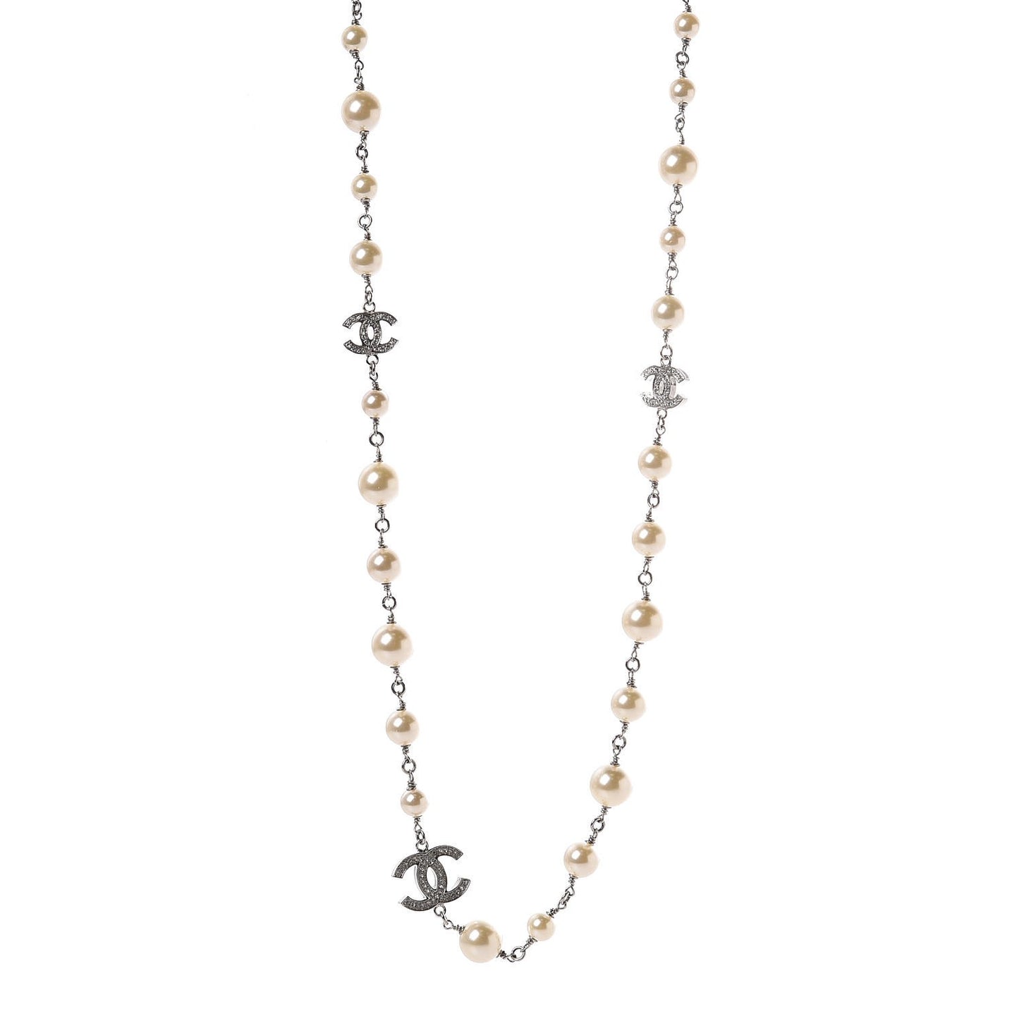 Crystal Pearl CC Long Necklace Silver