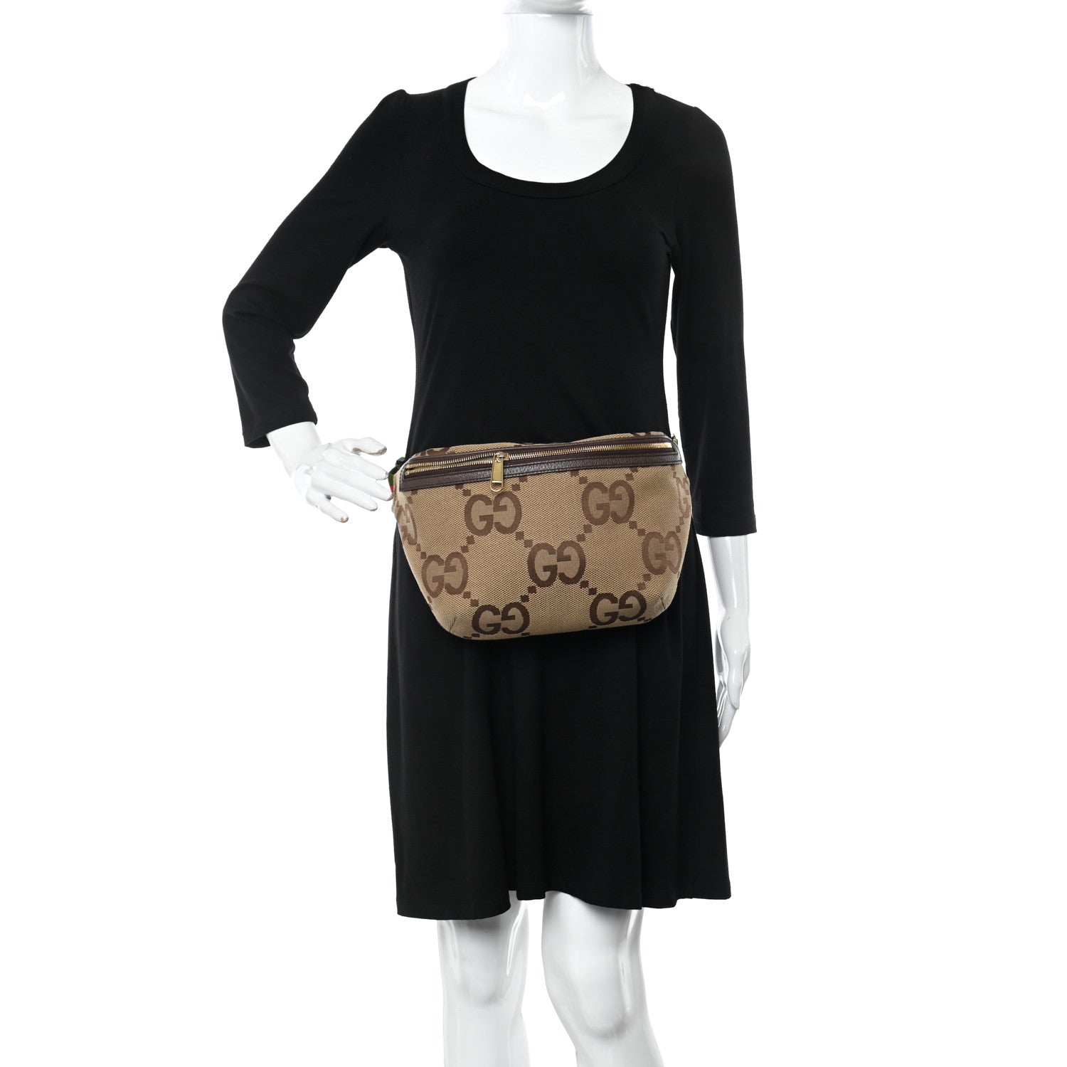 Gucci Monogram Jumbo GG Textured Dollar Calfskin Web Belt Bag Camel Ebony New Acero 2 of 10