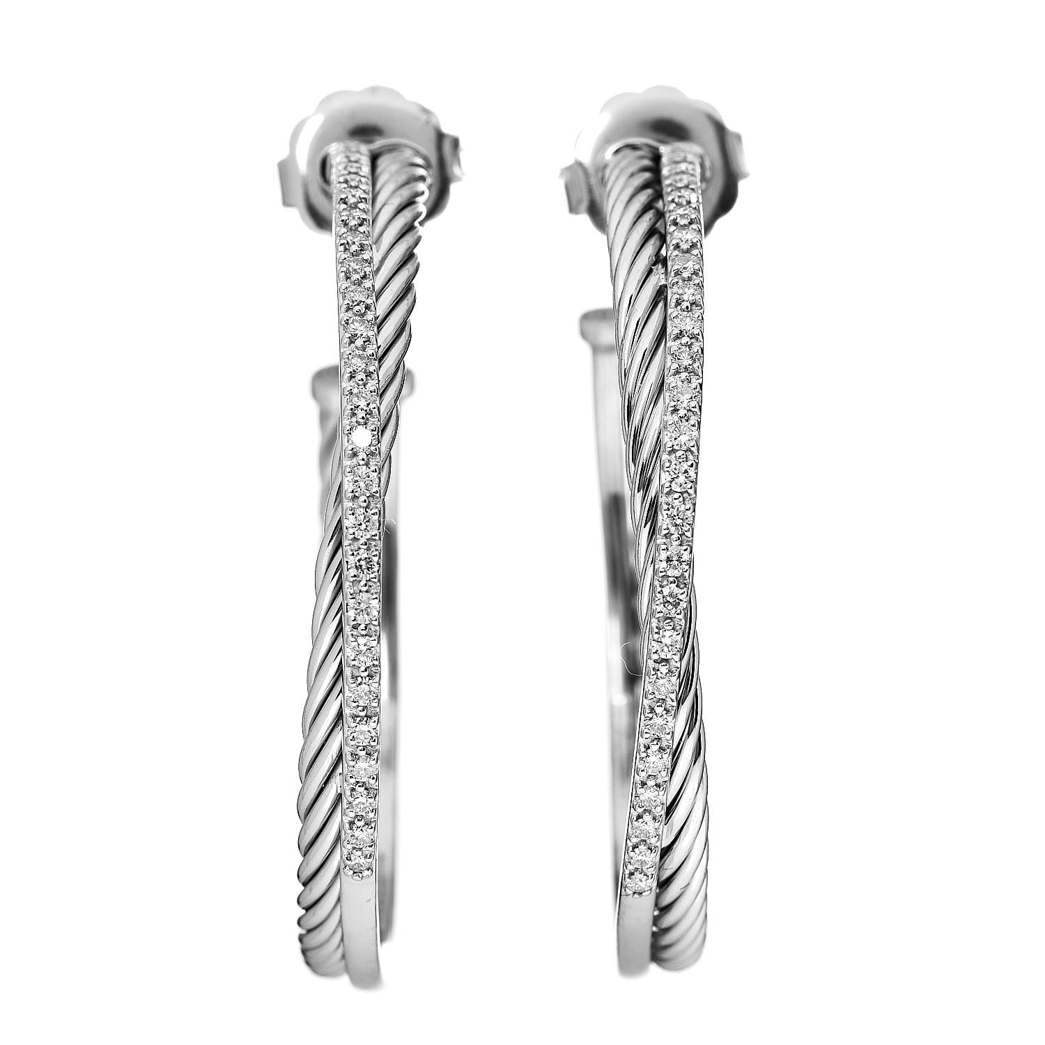 David Yurman Sterling Silver Diamond Extra Large Crossover Hoop Earrings 1 of 4