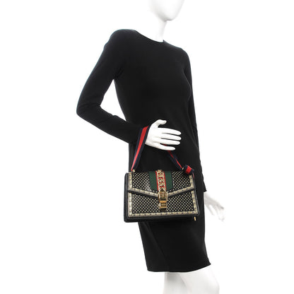 Gucci Calfskin Star Printed Small Sylvie Shoulder Bag Gold Black 2 of 8
