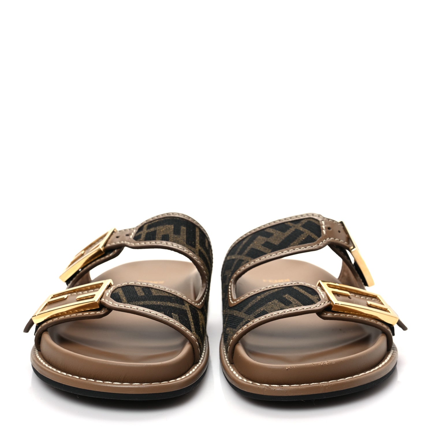 Fendi Fabric Jacquard Nappa FF Womens Fendi Feel Buckled Slide Sandals 38.5 Tobacco Black Miele Scuro 2 of 8