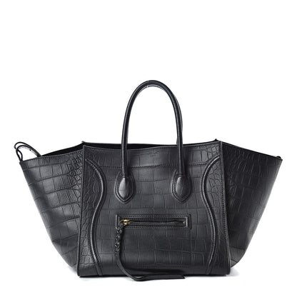 Celine Crocodile Embossed Calfskin Medium Phantom Luggage Black 1 of 15