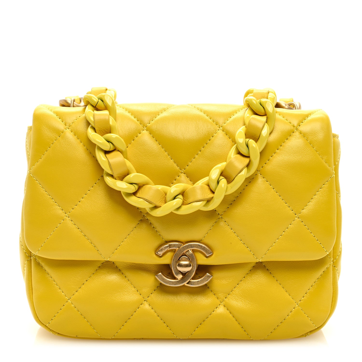 Chanel Lambskin Quilted Mini Lacquered Chain Flap Yellow 1 of 9