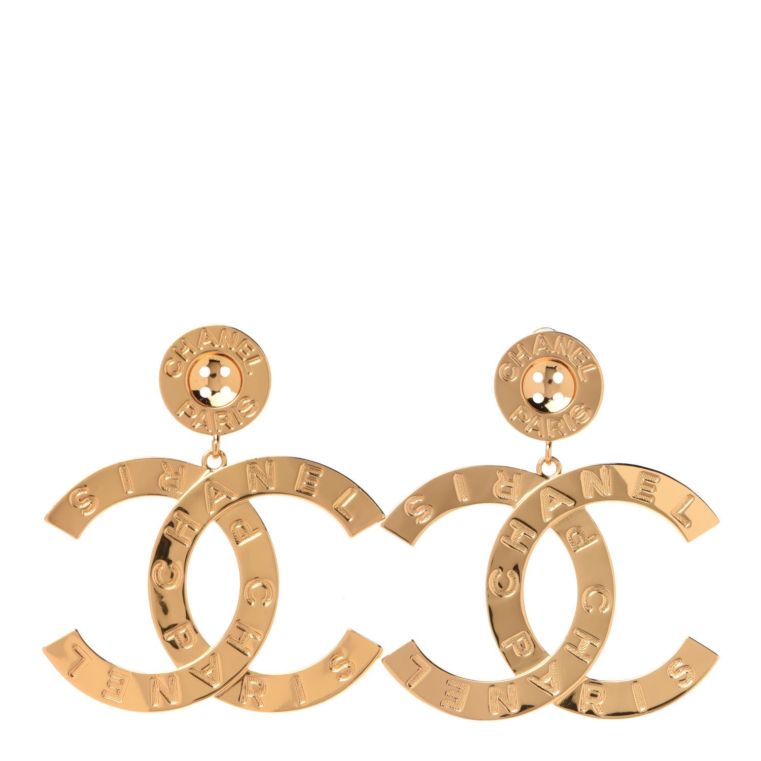 Chanel Metal Large Paris Button Earrings Gold 1 of 5