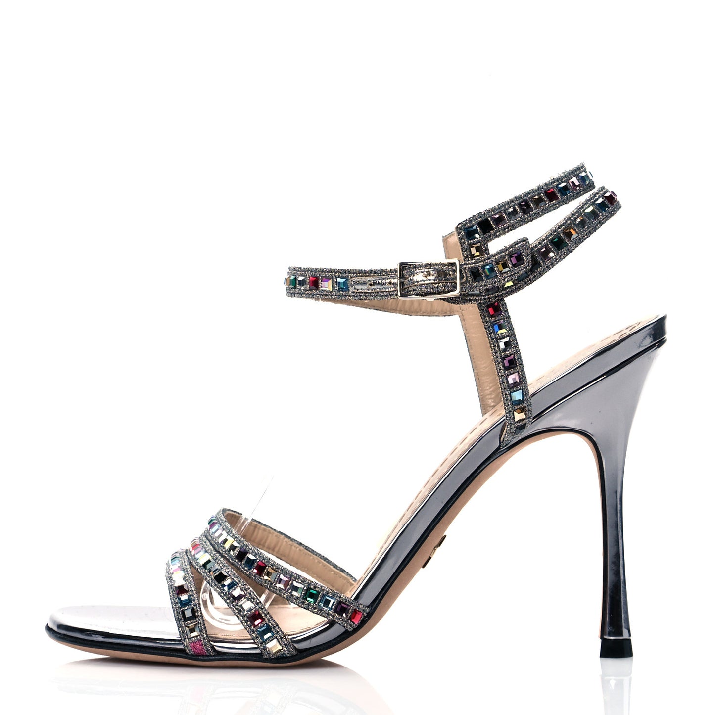 Metallic Calfskin Crystal Strap Sandal Pumps 38 Silver