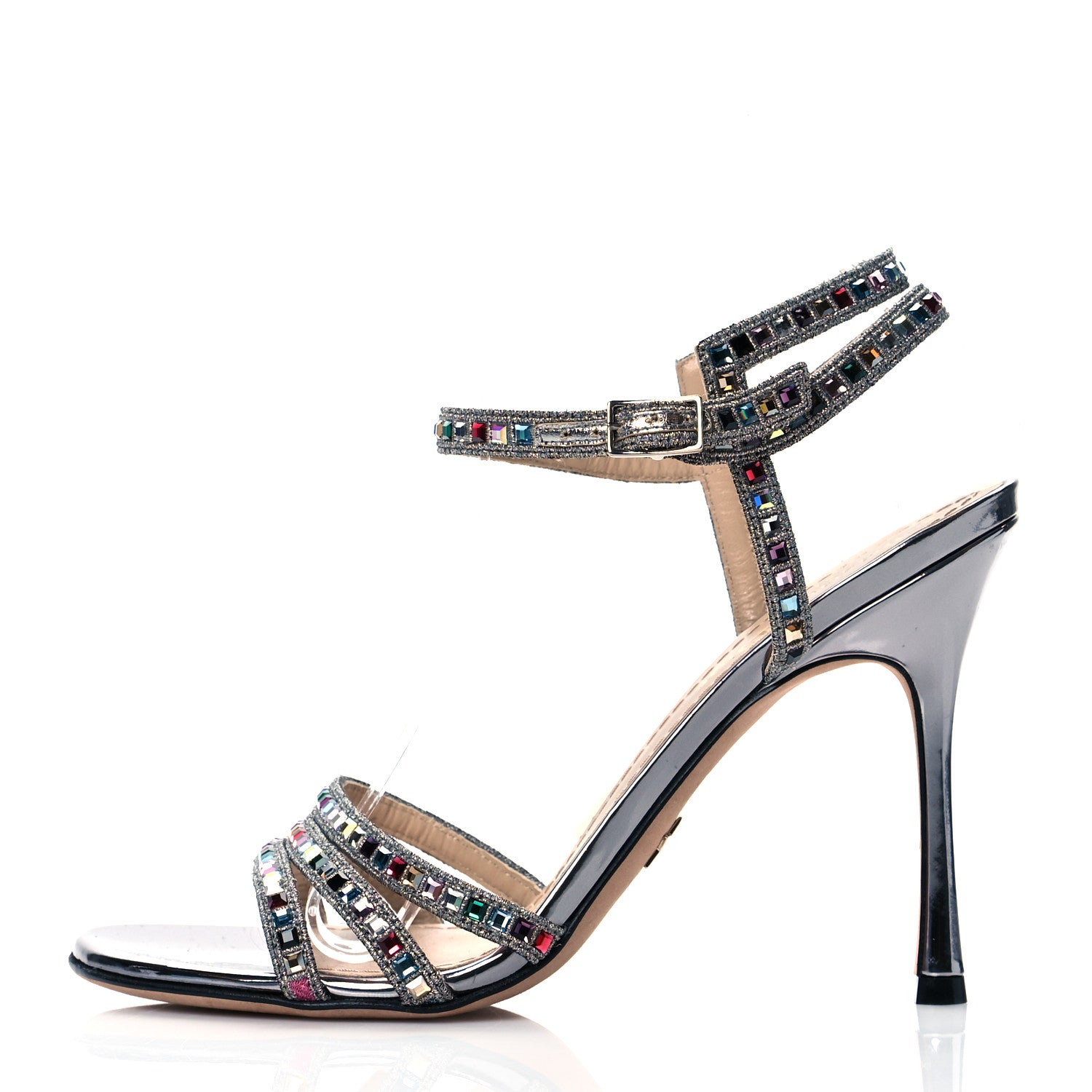 Christian Dior Metallic Calfskin Crystal Strap Sandal Pumps 38 Silver 1 of 8