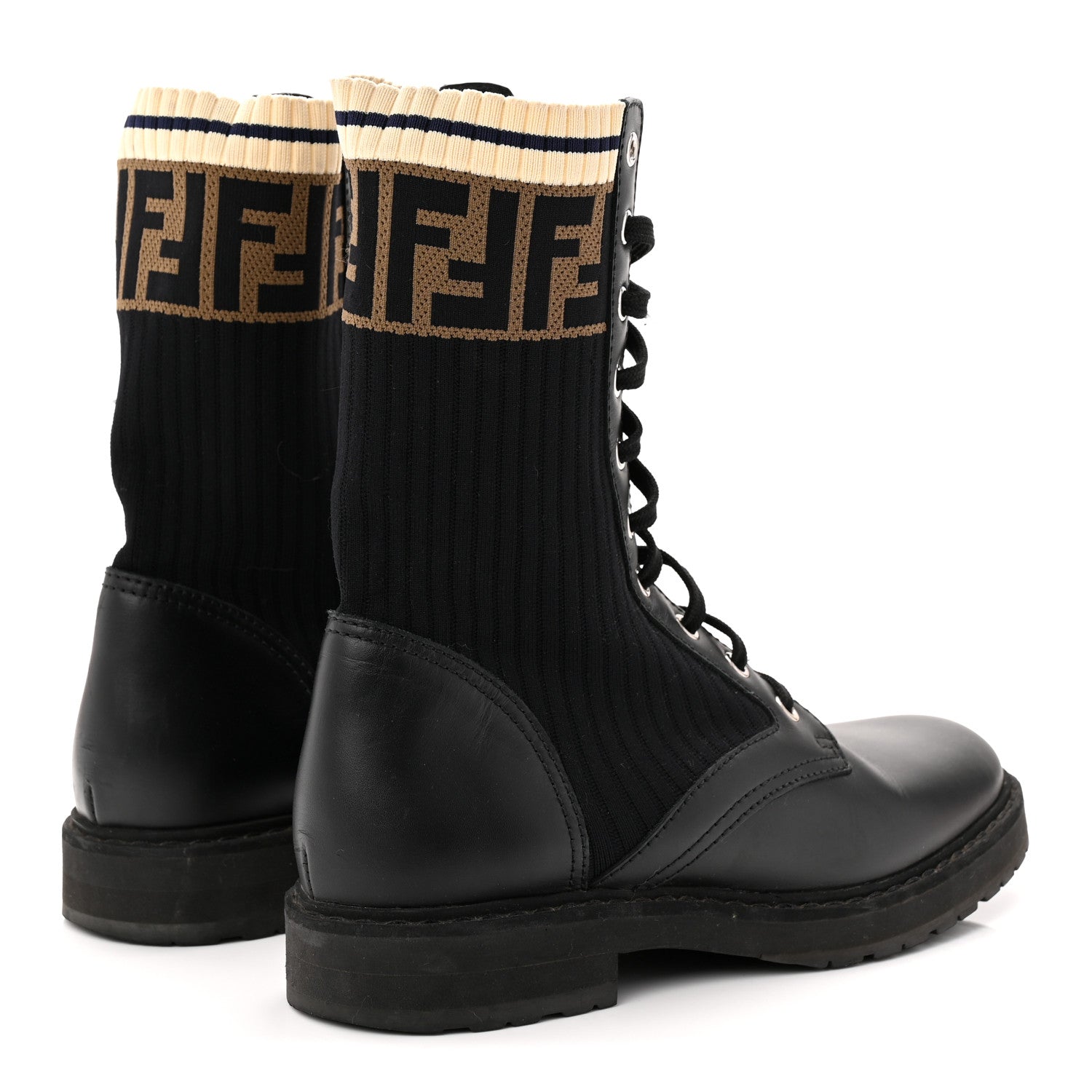 Fendi Calfskin Stretch Fabric Rockoko Biker Boots 38 Tobacco Black Marino 4 of 8