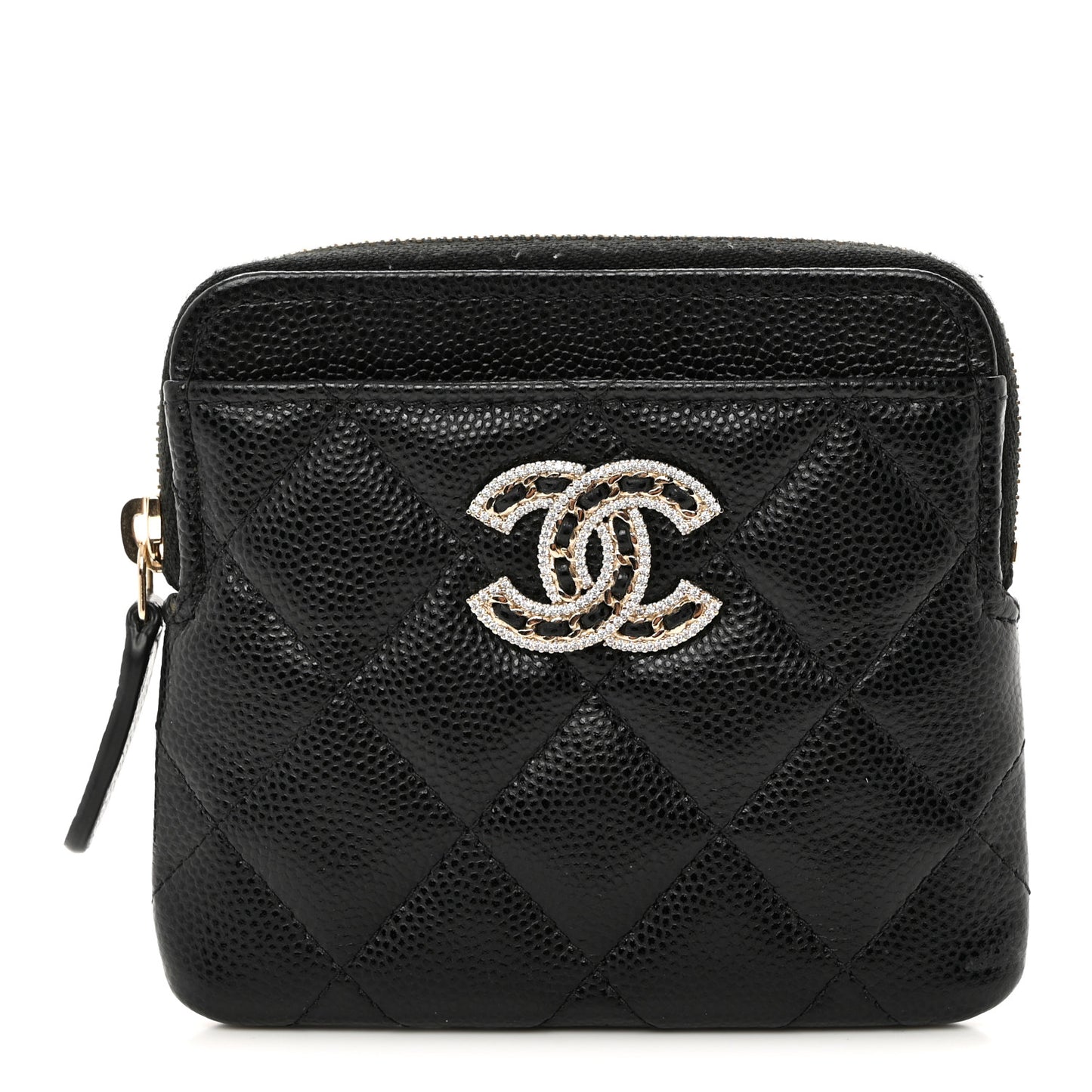Caviar Quilted Crystal Zip Card Holder Wallet Black