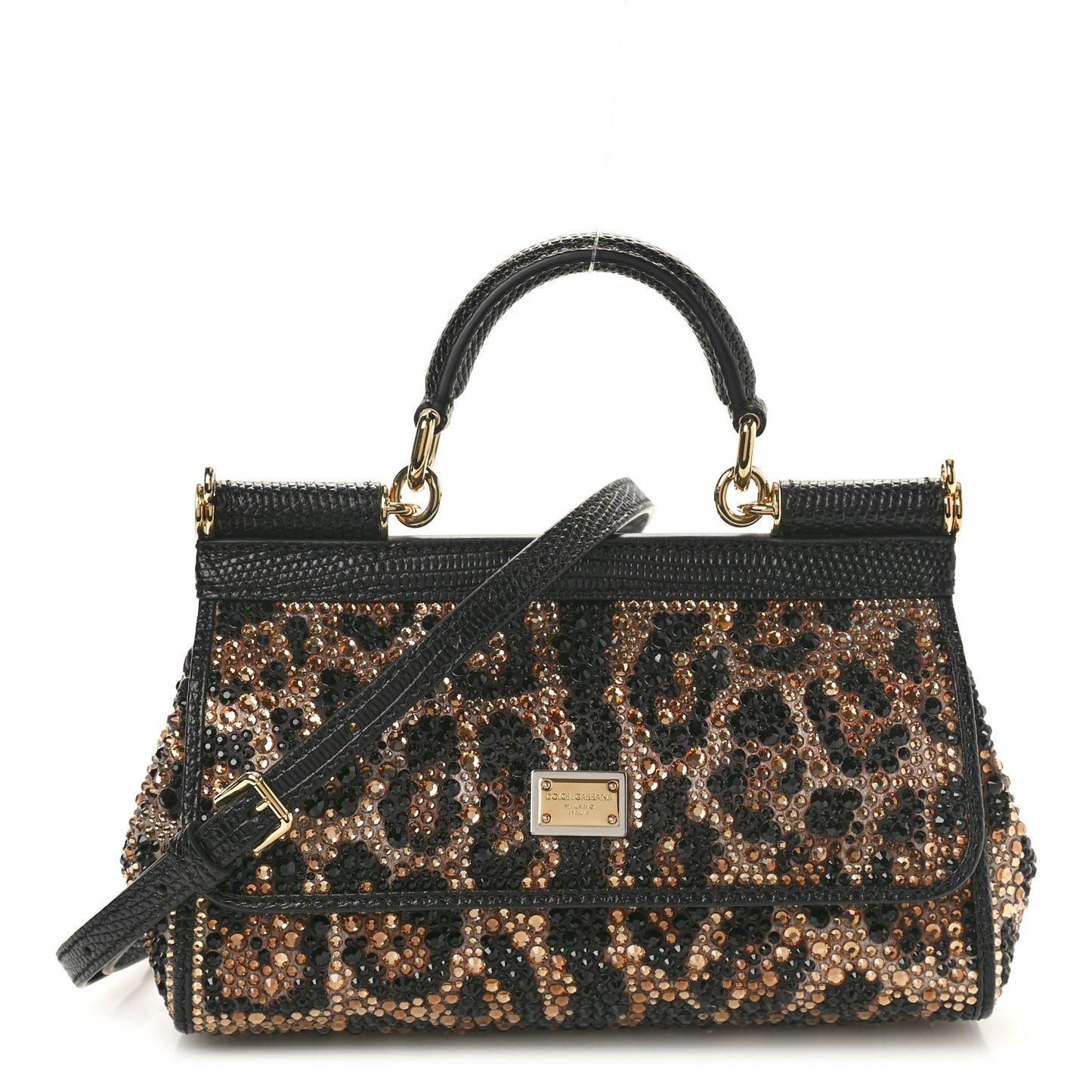 DOLCE GABBANA Satin Crystal Calfskin Iguana Embossed Small Miss Sicily Satchel Leopard