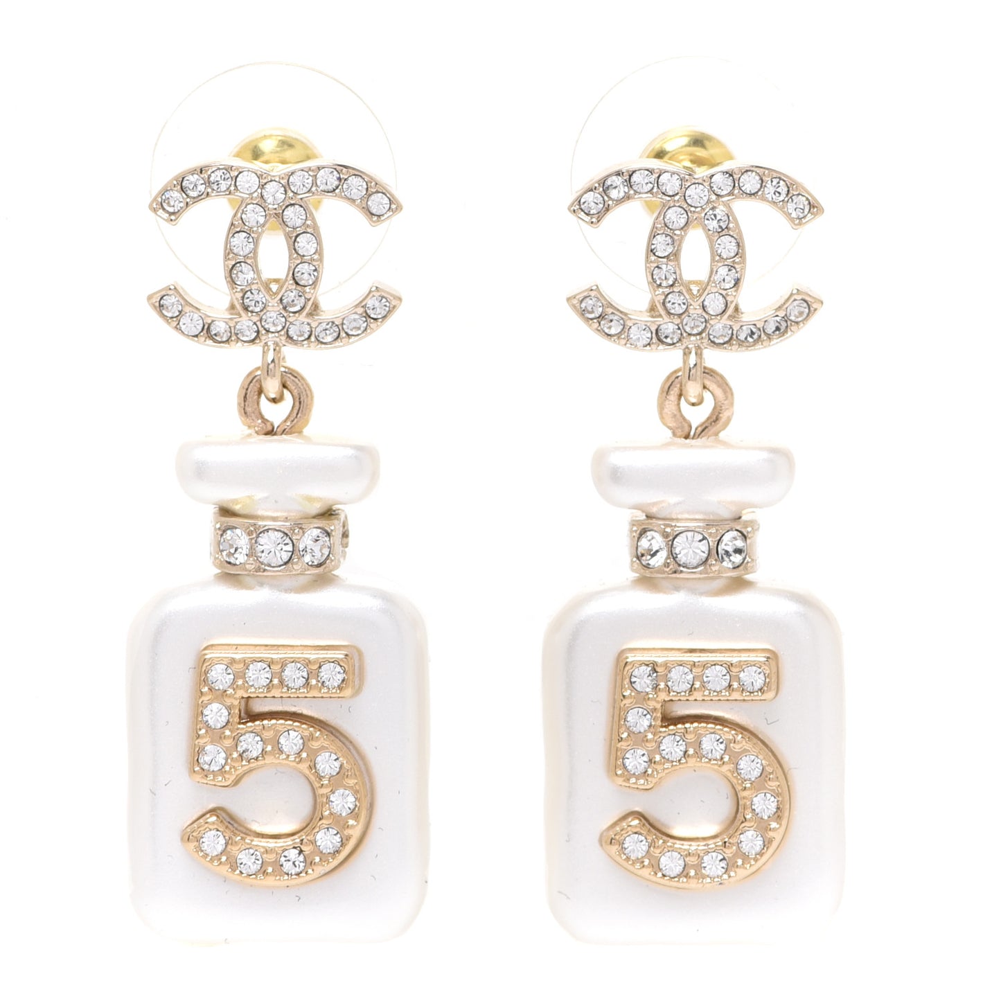 Pearl Resin Crystal CC No 5 Perfume Bottle Drop Earrings Gold Pearly White